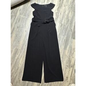 Donna Karan Womens Black Boat Neck Jumpsuit Size 4 Pleated Wide Leg Belted READ